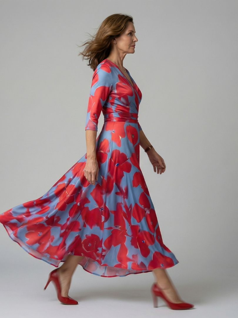 Celeste | Vestido Midi Floral con Escote Cruzado y Manga Tres Cuartos