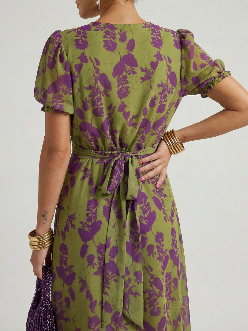 Virena | Vestido Midi Floral Cruzado de Manga Corta