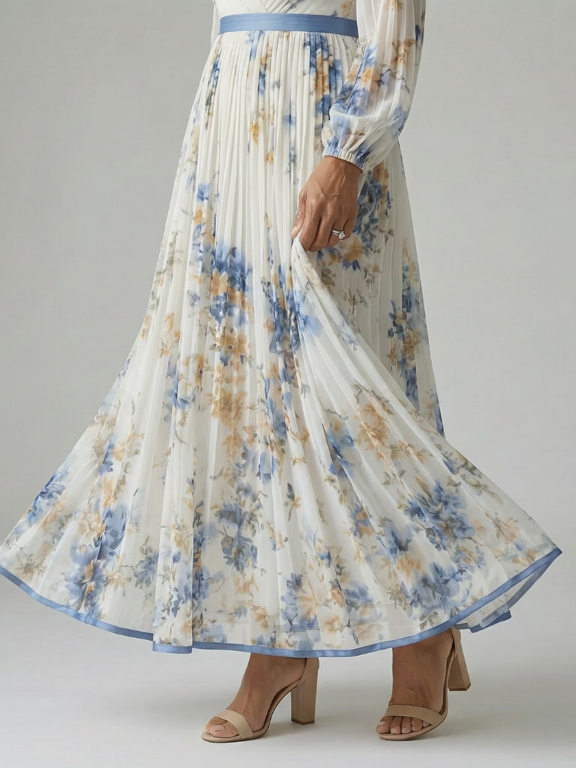 Riana | Vestido Midi Cruzado Floral con Falda Plisada y Manga Larga