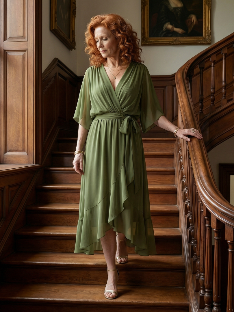 Elvira | Vestido Midi Drapeado con Cinturón y Manga Codo