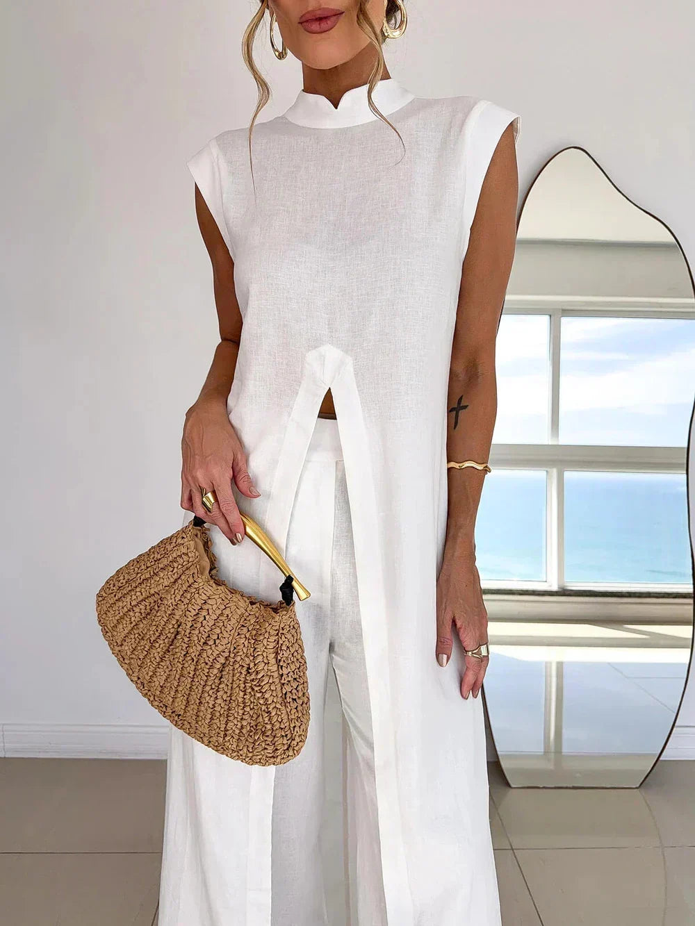 Benigna | Conjunto Blanco Túnica Volante y Pantalón