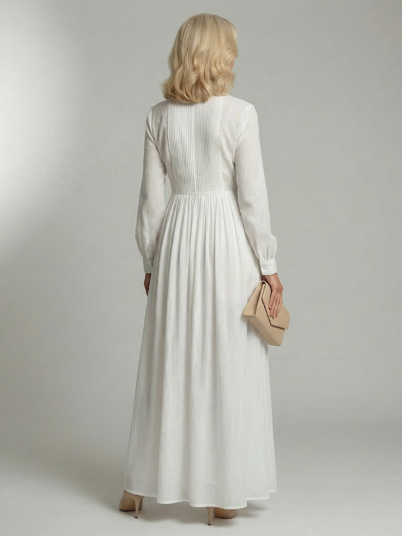 Lorena | Vestido Maxi Blanco de Manga Larga con Botones y Bolsillos