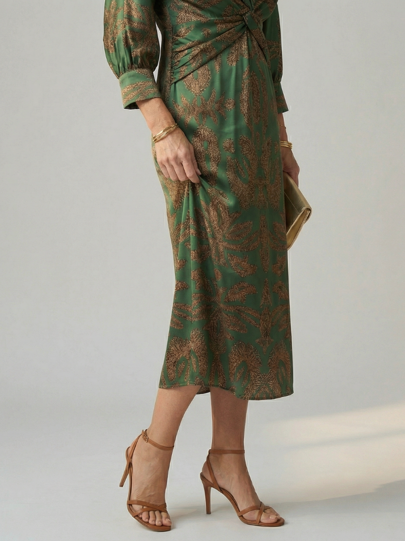 Luna | Vestido Midi Cruzado de Manga Larga con Estampado Natural