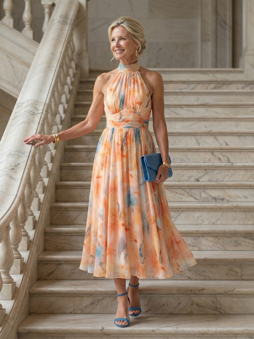 Elina | Vestido Midi Halter con Detalle Fruncido