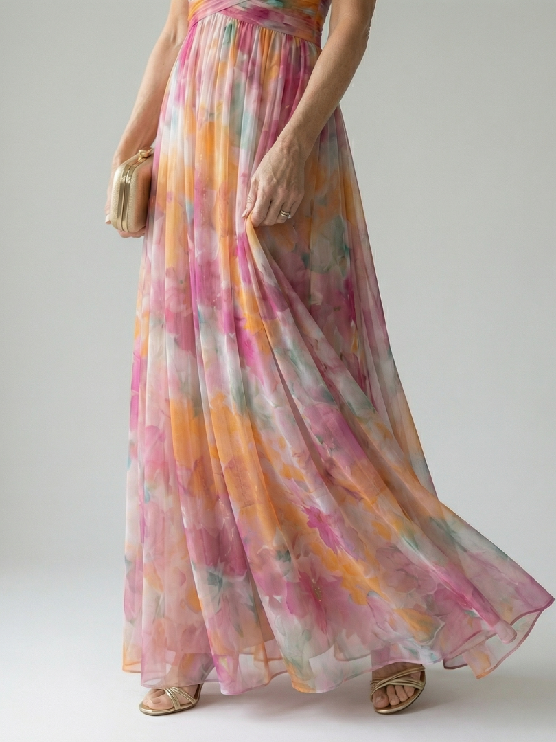 Isela | Vestido Maxi Cruzado con Degradado de Color y Tirantes Finos