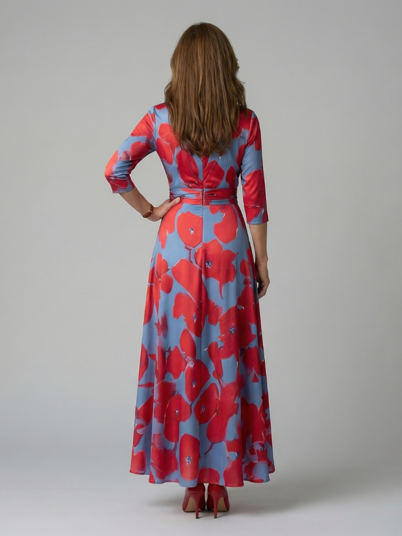 Celeste | Vestido Midi Floral con Escote Cruzado y Manga Tres Cuartos