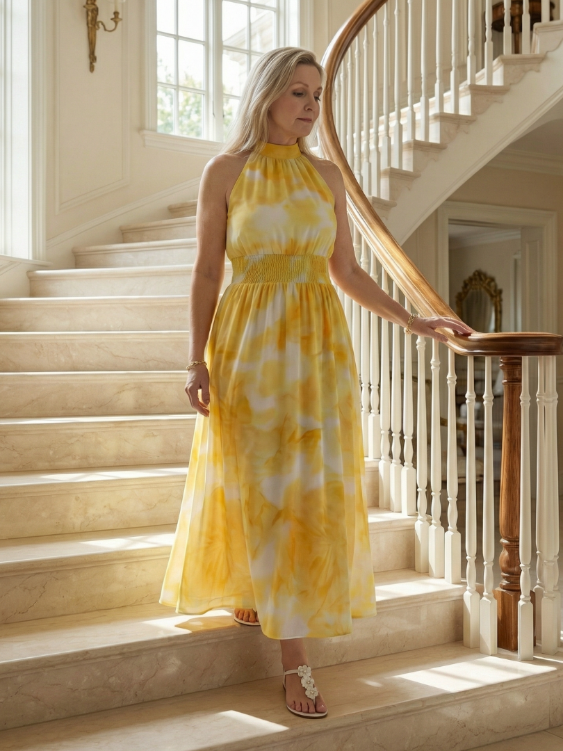 Silvana | Vestido Midi Halter con Cintura Fruncida