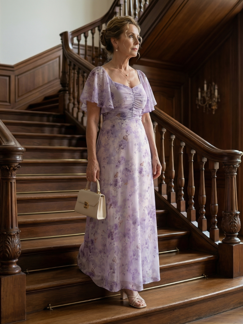 Valentía | Vestido Largo Floral con Manga Mariposa y Escote Cuadrado