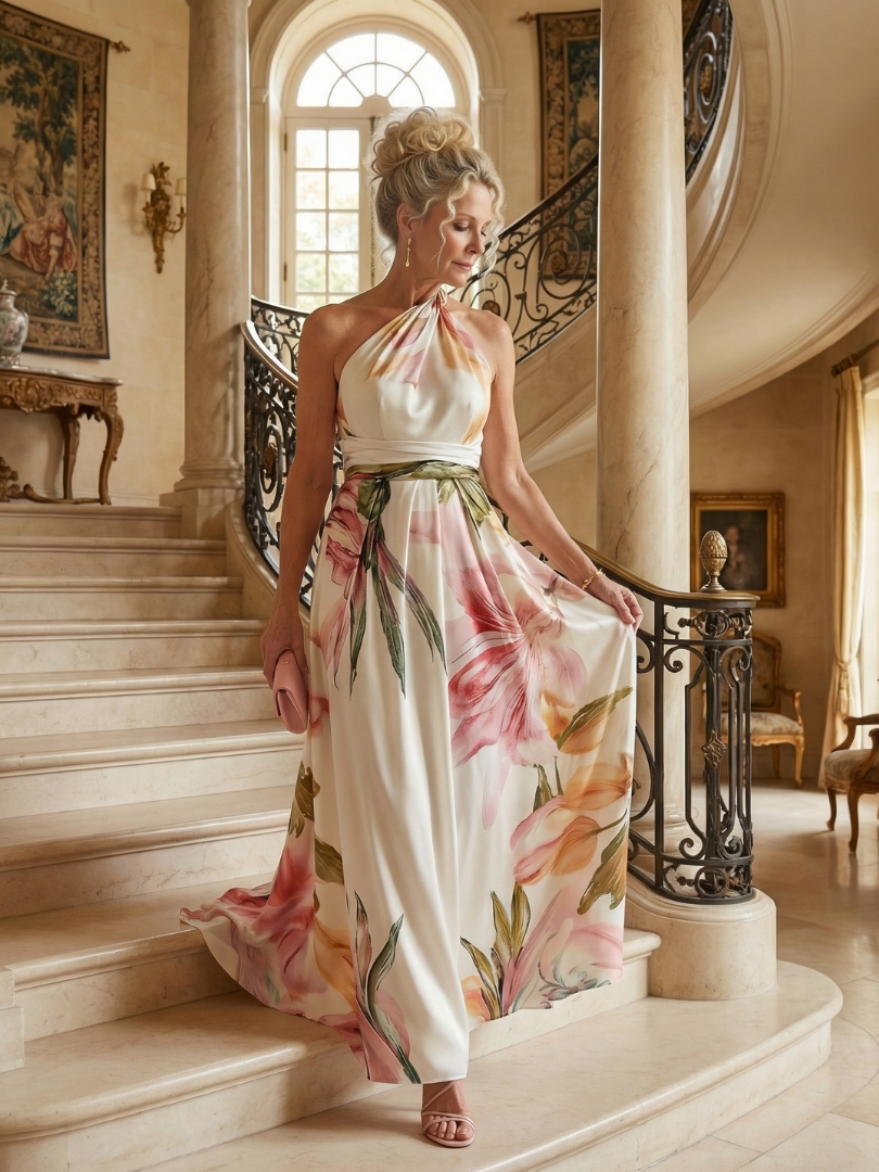 Amiela | Vestido Maxi Halter con Estampado Floral Grande