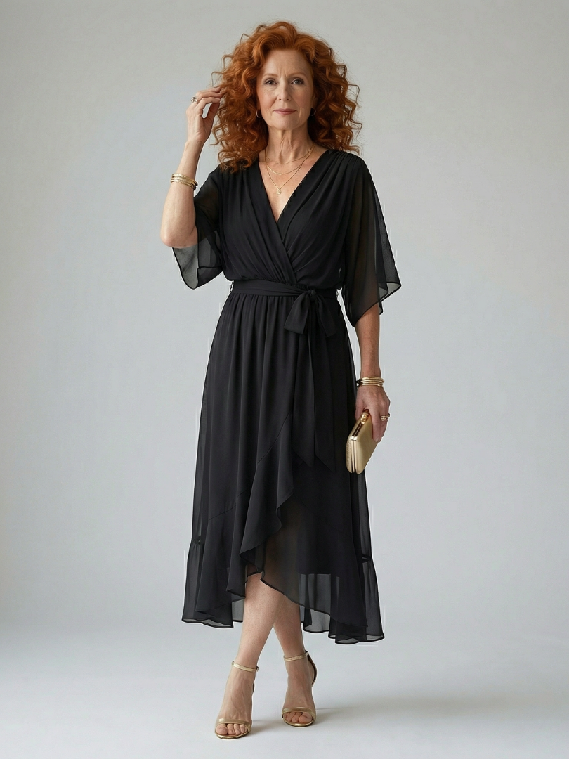 Elvira | Vestido Midi Drapeado con Cinturón y Manga Codo