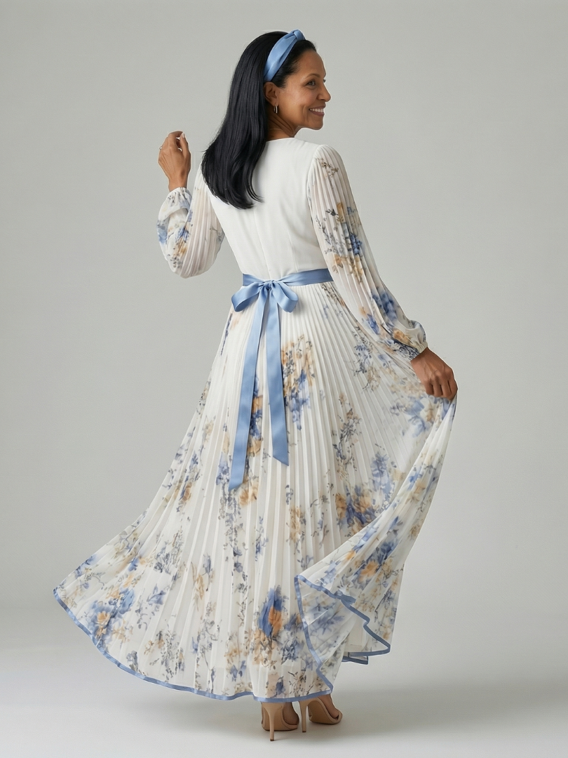 Riana | Vestido Midi Cruzado Floral con Falda Plisada y Manga Larga