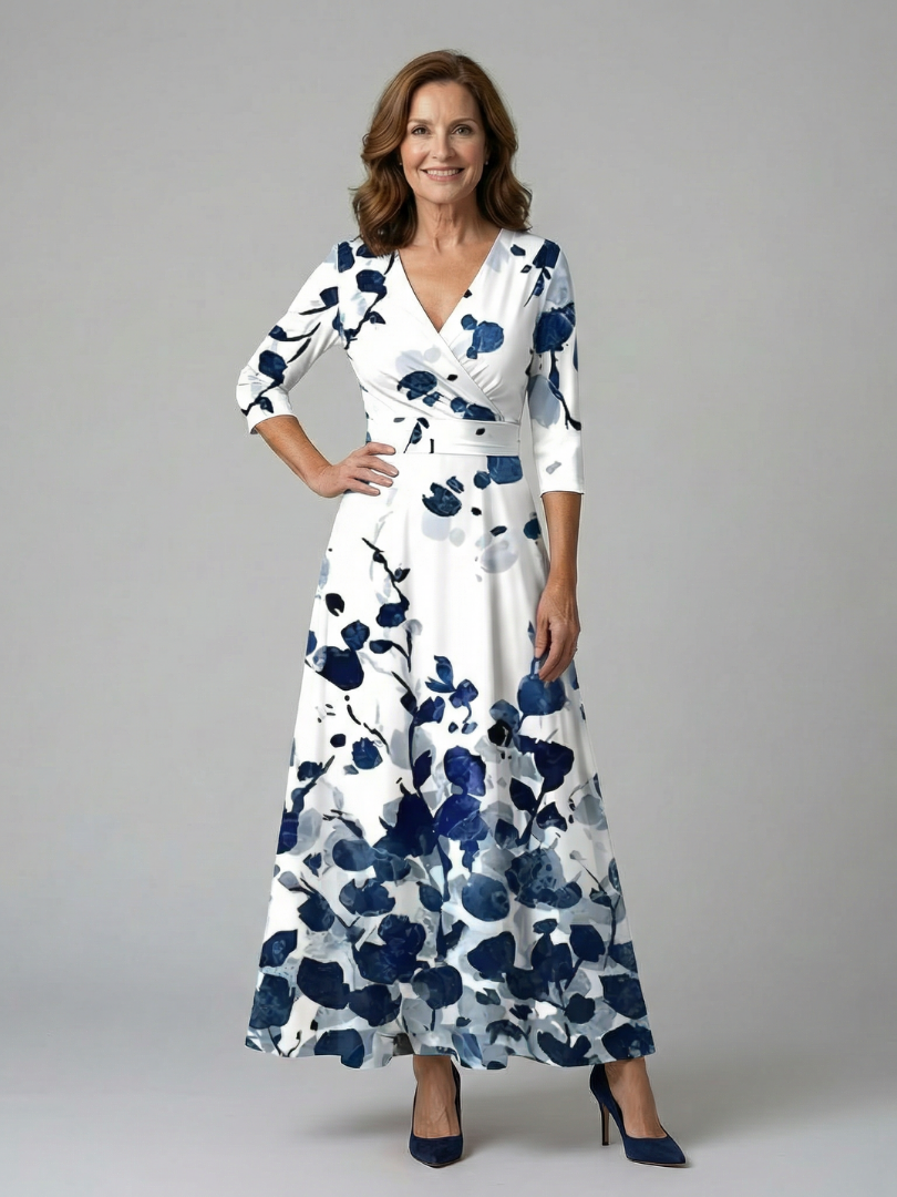 Celeste | Vestido Midi Floral con Escote Cruzado y Manga Tres Cuartos