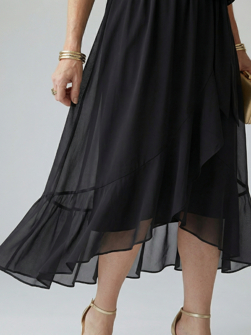 Elvira | Vestido Midi Drapeado con Cinturón y Manga Codo