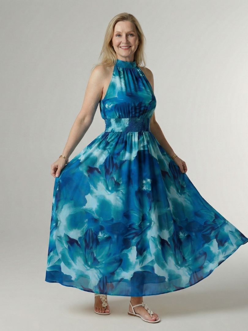 Silvana | Vestido Midi Halter con Cintura Fruncida
