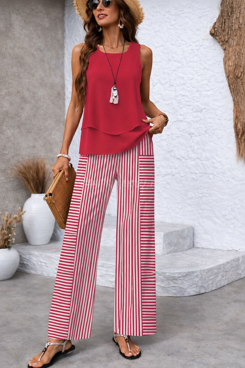 Ramona | Conjunto Rosa Top Liso y Pantalón Rayas