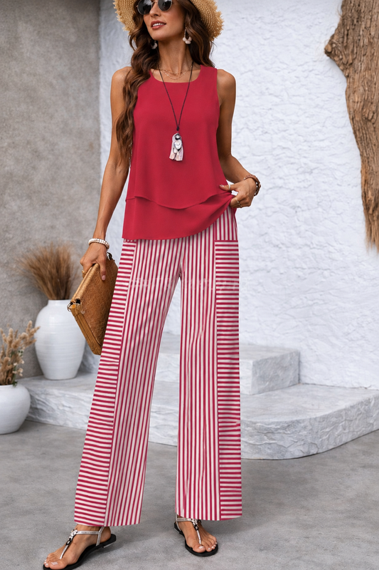 Ramona | Conjunto Rosa Top Liso y Pantalón Rayas