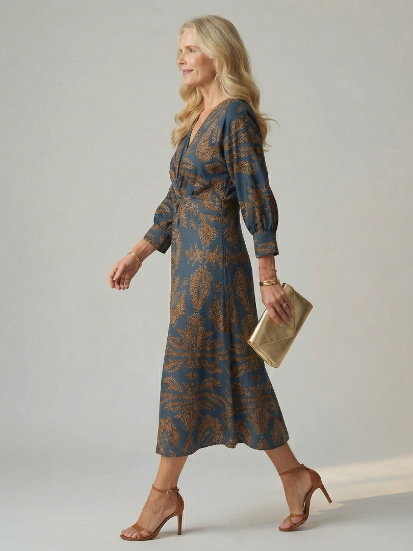 Luna | Vestido Midi Cruzado de Manga Larga con Estampado Natural