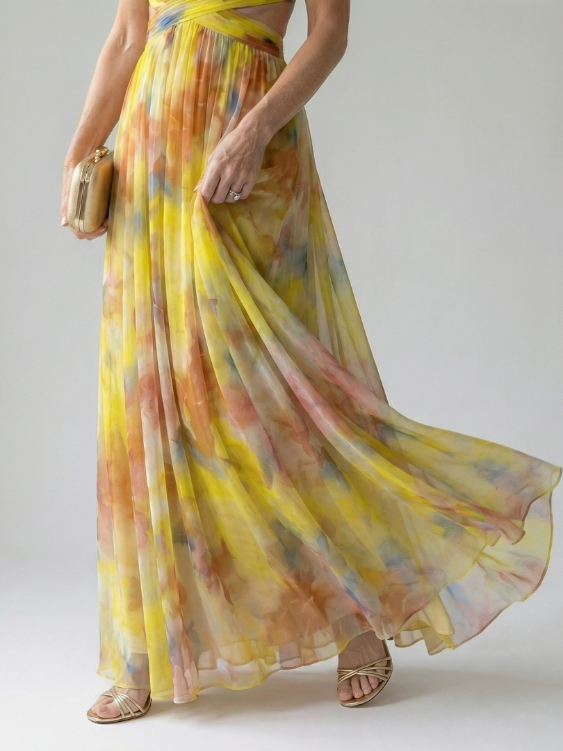 Isela | Vestido Maxi Cruzado con Degradado de Color y Tirantes Finos