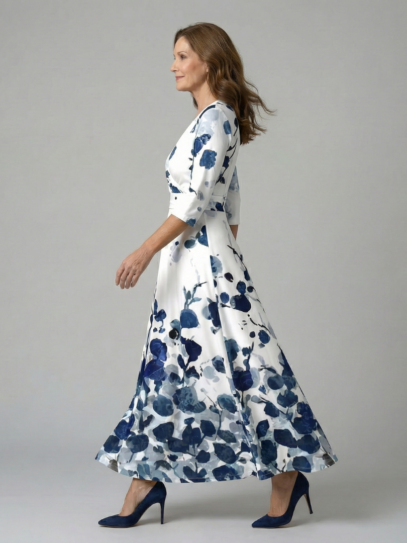 Celeste | Vestido Midi Floral con Escote Cruzado y Manga Tres Cuartos