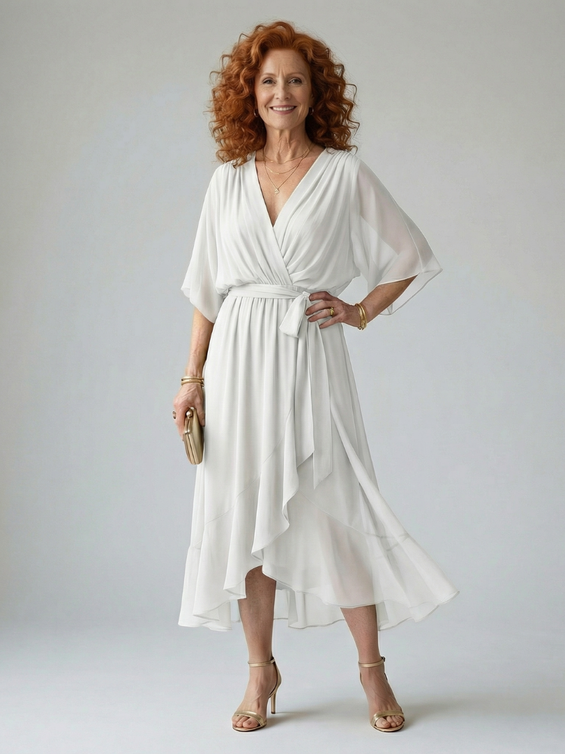 Elvira | Vestido Midi Drapeado con Cinturón y Manga Codo
