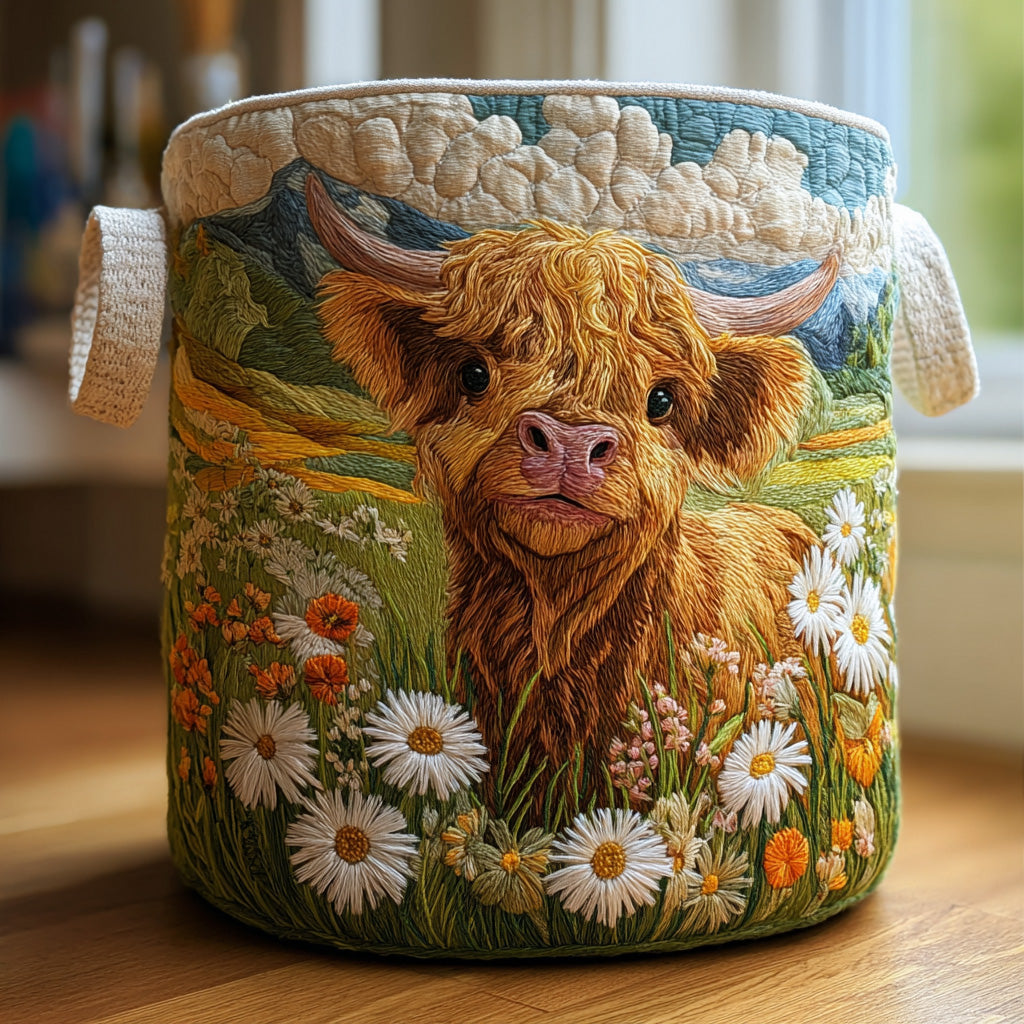 Laura | Cesta Acolchada con Vaca Highland y Flores