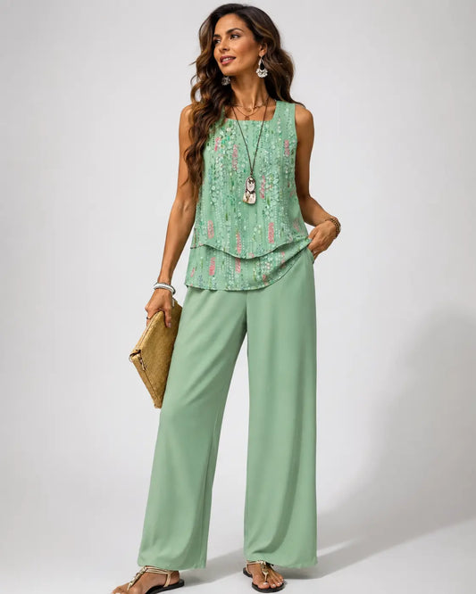 Maravillas | Conjunto Verde Menta Top en Capas y Pantalón
