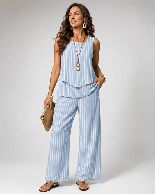 Nicolasa | Conjunto Rayas Azul Top y Pantalón Ancho