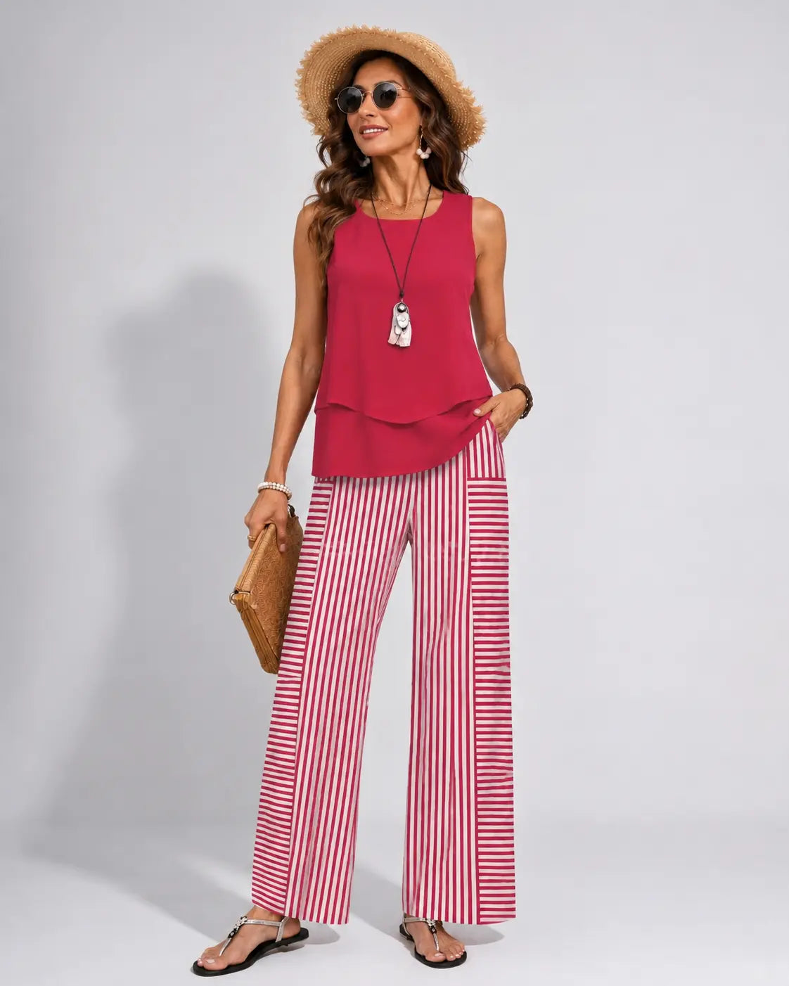 Ramona | Conjunto Rosa Top Liso y Pantalón Rayas