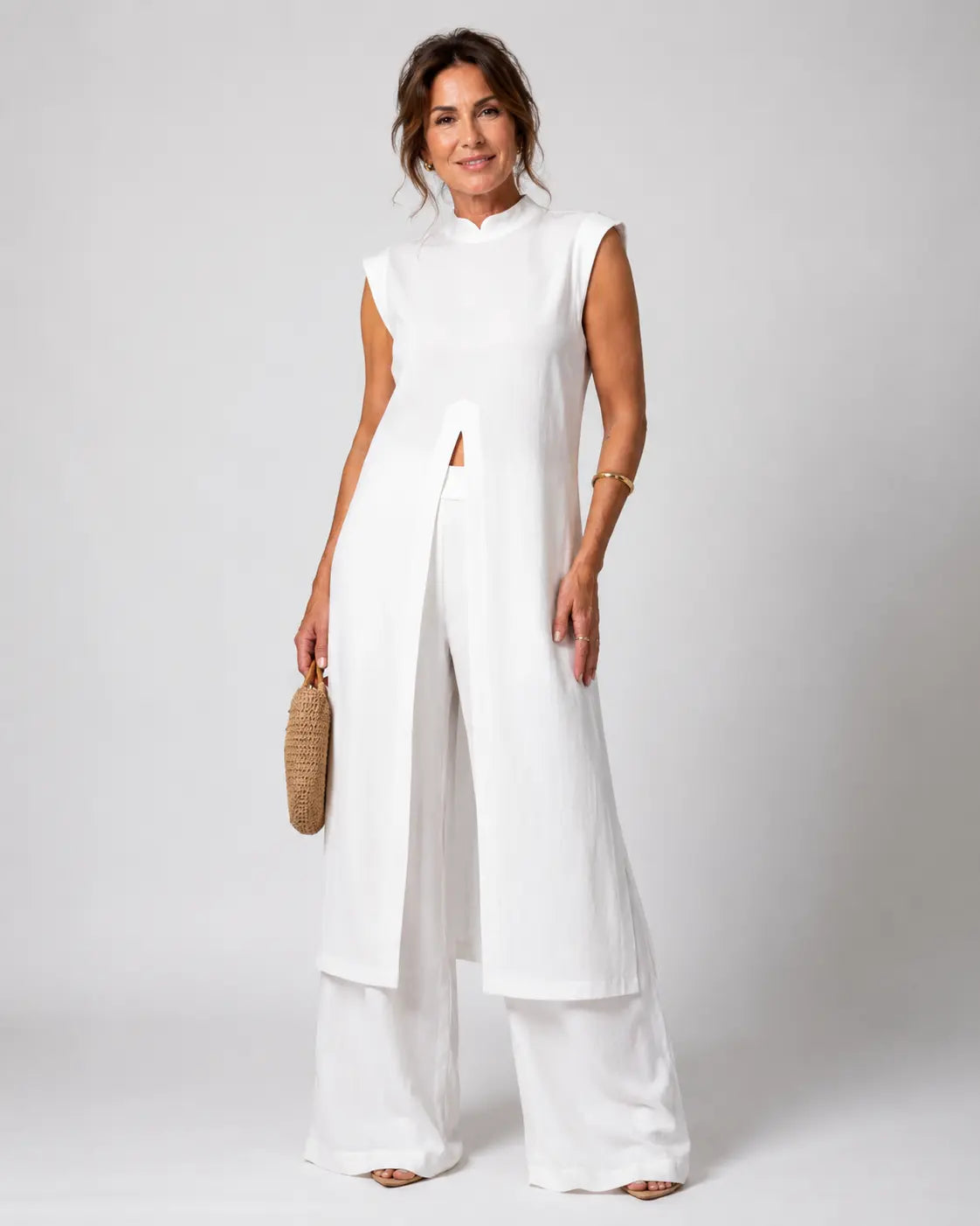 Benigna | Conjunto Blanco Túnica Volante y Pantalón
