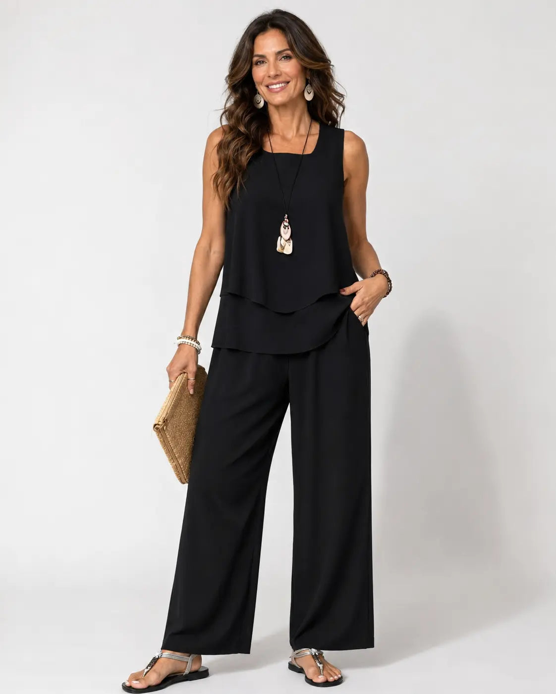 Eloísa | Conjunto Negro Top en Capas y Pantalón Ancho