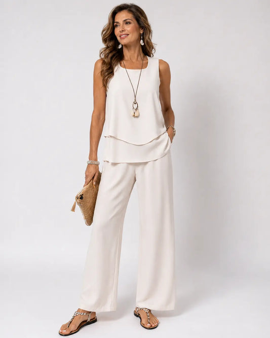 Leandra | Conjunto Crema Satinado Top en Capas y Pantalón