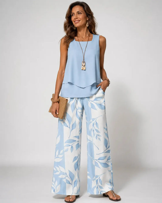 Olalla | Conjunto Azul Celeste Blusa y Pantalón Botánico