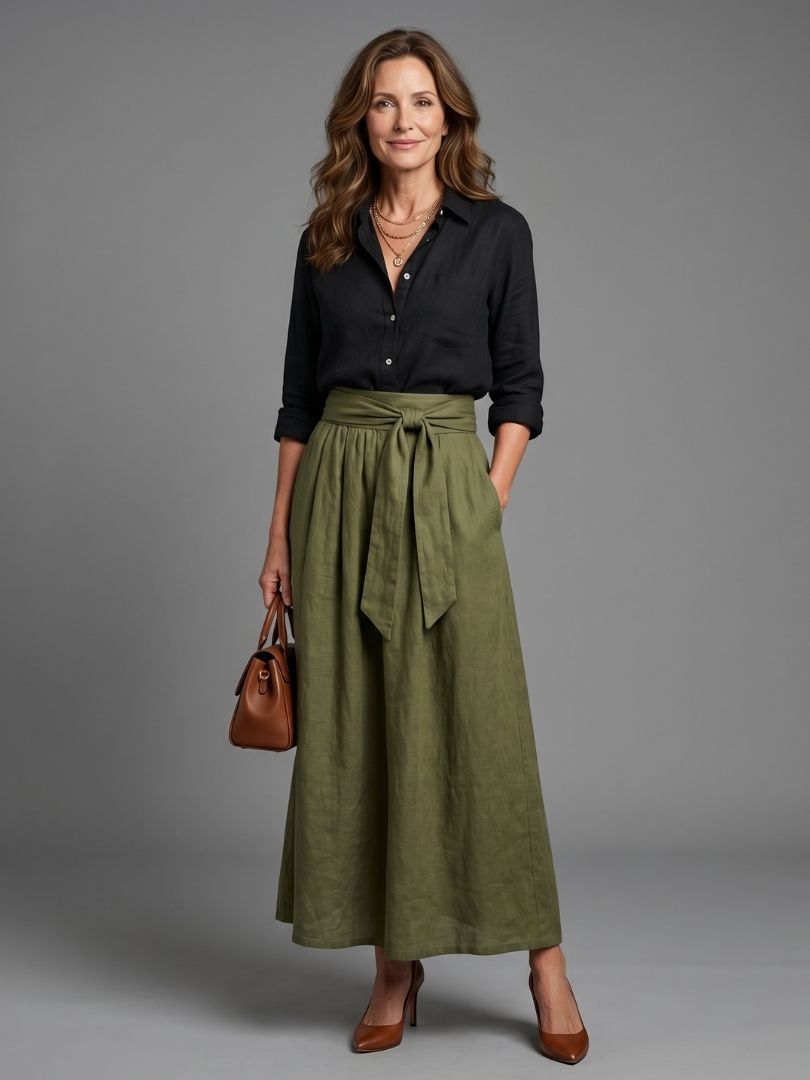 Vera | Conjunto Blusa Negra y Falda Midi Verde Oliva