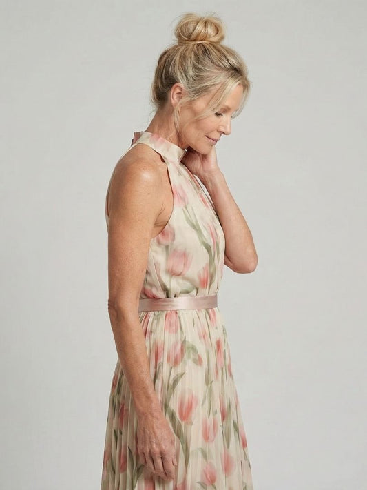 Aurelia | Vestido Midi Halter Floral con Cinturón