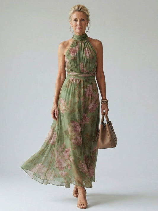 Mirella | Vestido Midi Halter Floral con Detalle Fruncido