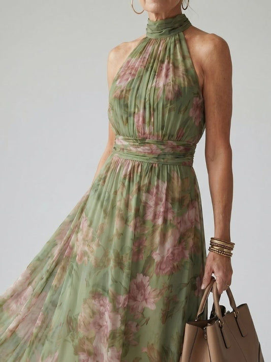 Mirella | Vestido Midi Halter Floral con Detalle Fruncido