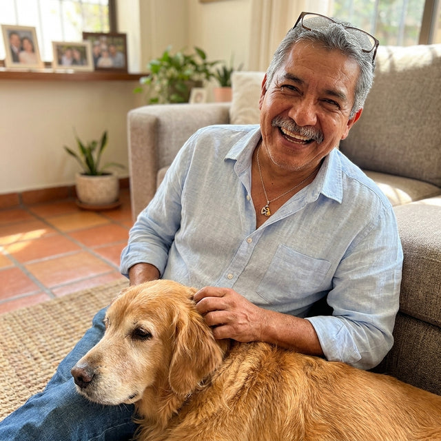 Collar de hombre puesto, en casa con su perro