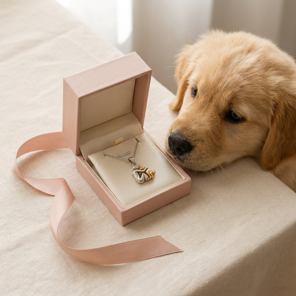 Collar Abrazo Eterno en su estuche de regalo, junto a un cachorro
