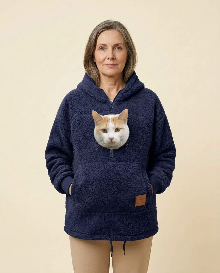 Mujer con la sudadera Dulce en azul marino y un gato asomando por el bolsillo delantero, de frente