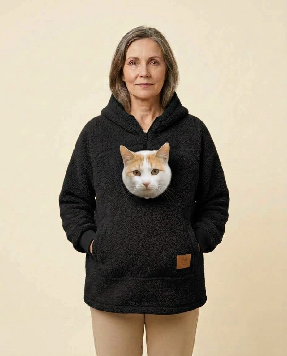 Mujer con la sudadera Dulce en negro y un gato asomando por el bolsillo delantero, de frente