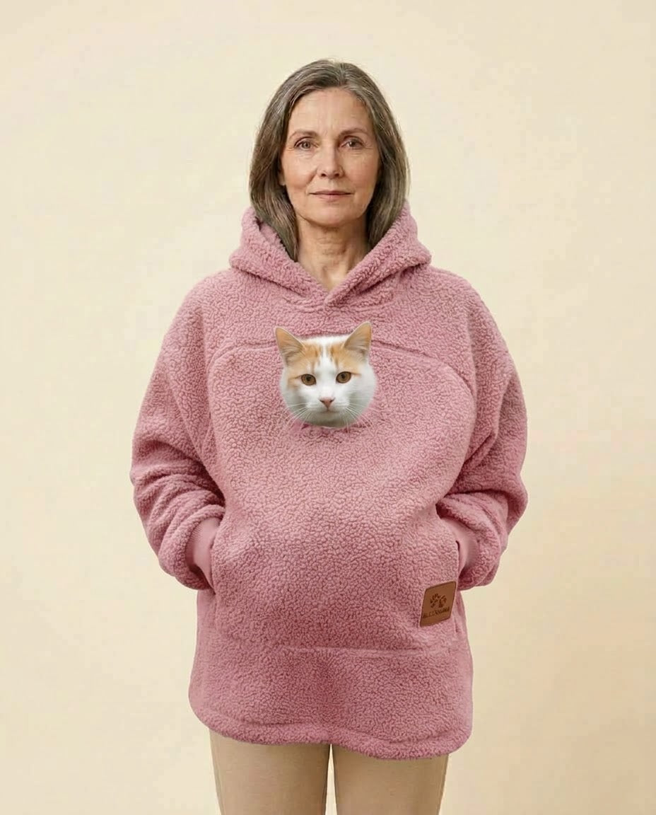 Mujer con la sudadera Dulce en rosa y un gato asomando por el bolsillo delantero, de frente