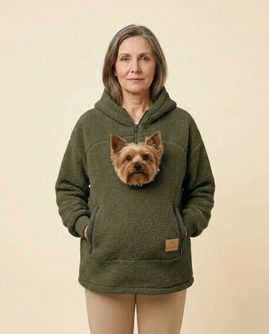 Mujer con la sudadera Dulce en verde y un yorkshire asomando por el bolsillo delantero, de frente