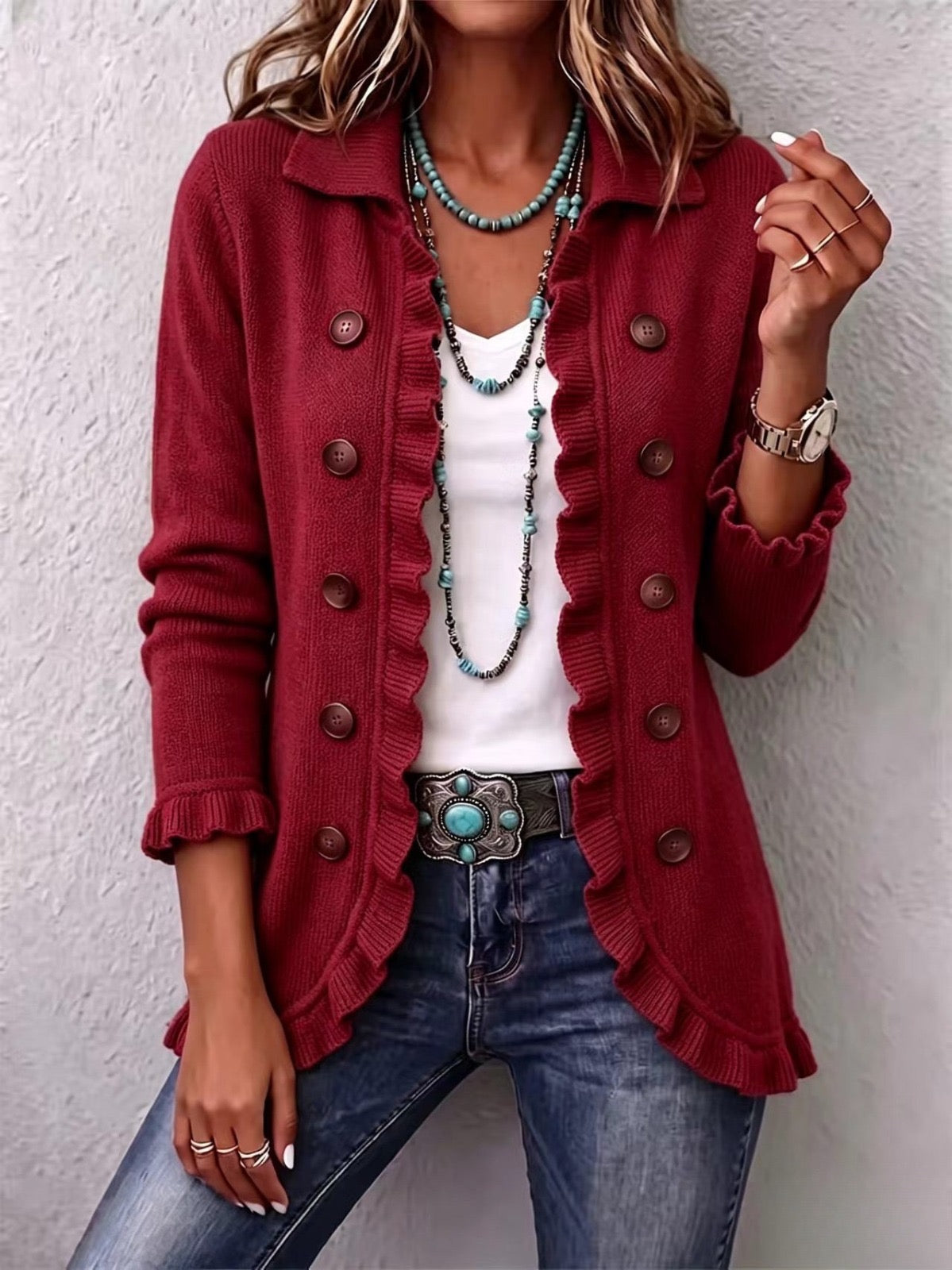Paqui | Chaqueta de Punto Rojo Rubí con Volantes