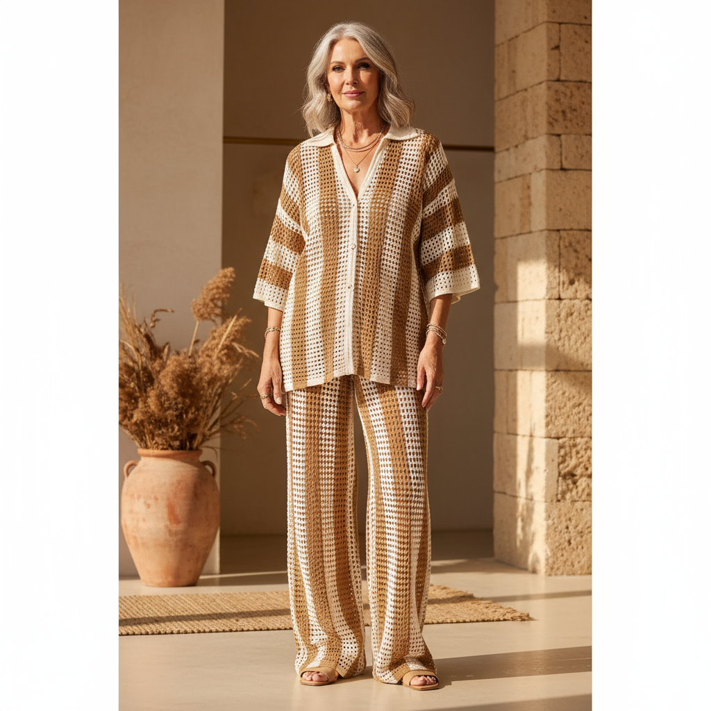 Zenaida | Conjunto Crochet Rayas Kimono y Pantalón