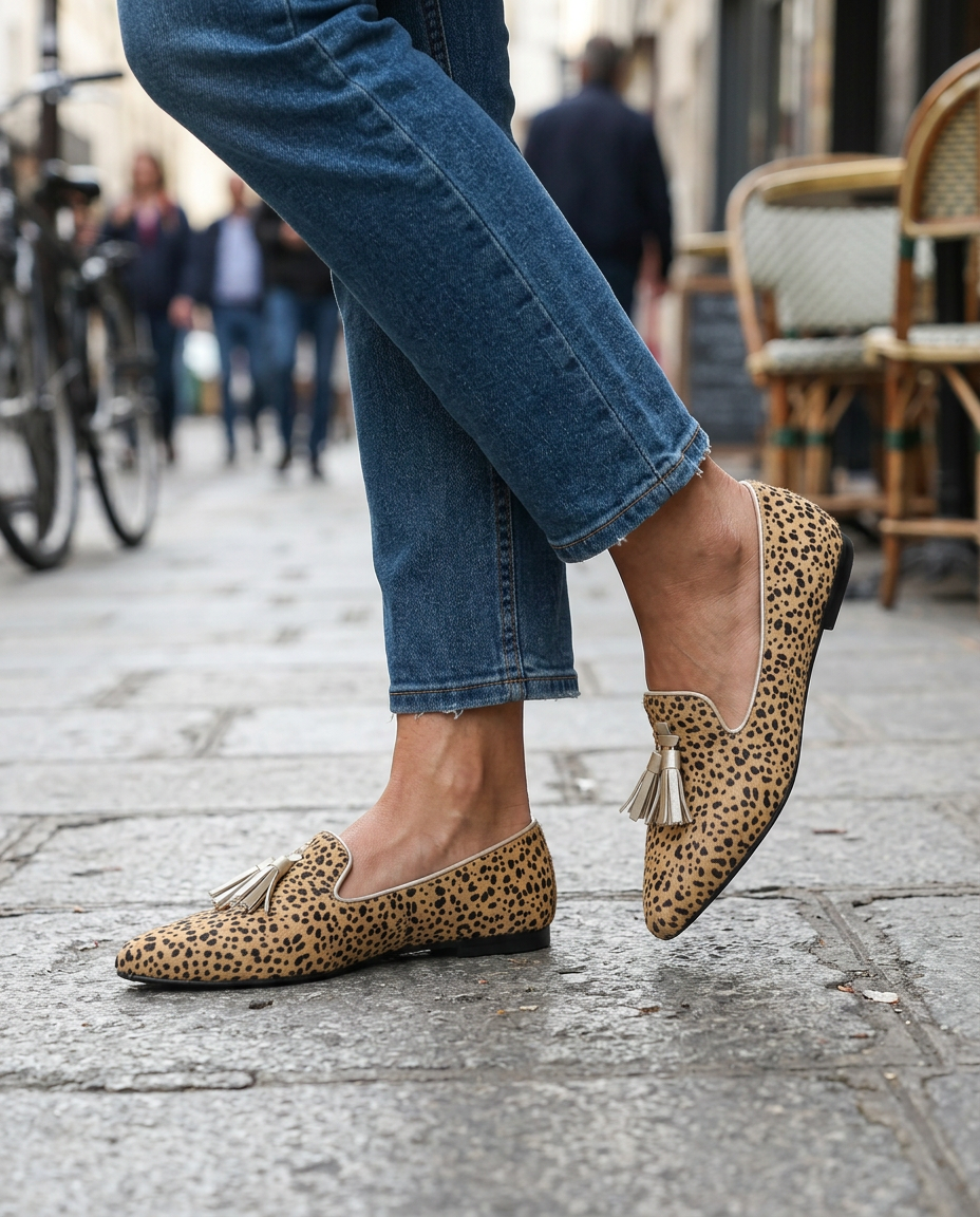Mocasines de Punta en Guepardo con Borlas