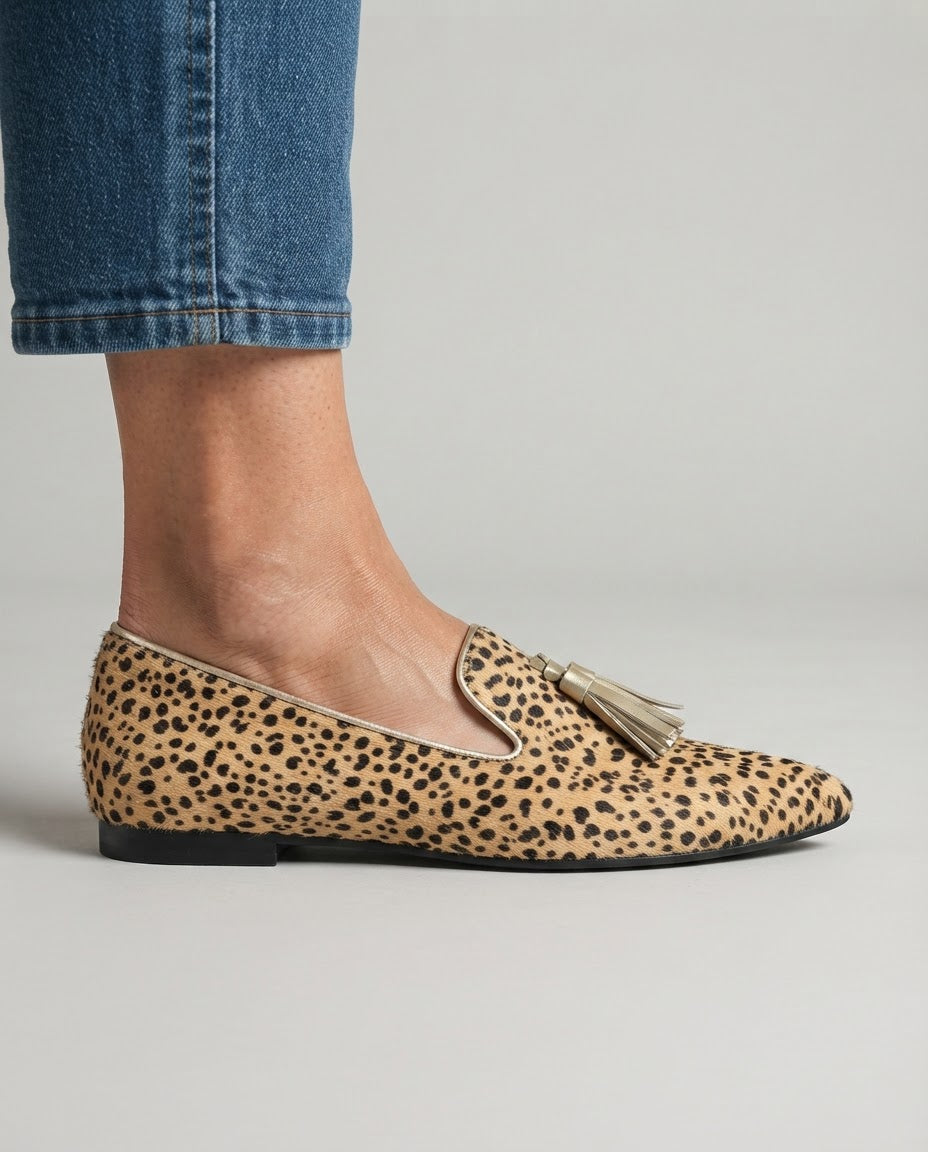 Mocasines de Punta en Guepardo con Borlas