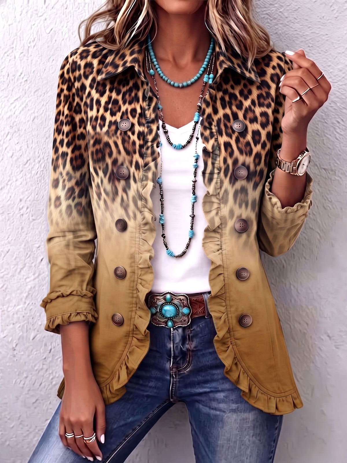Rosa María | Chaqueta Blazer Leopardo Degradado con Volantes
