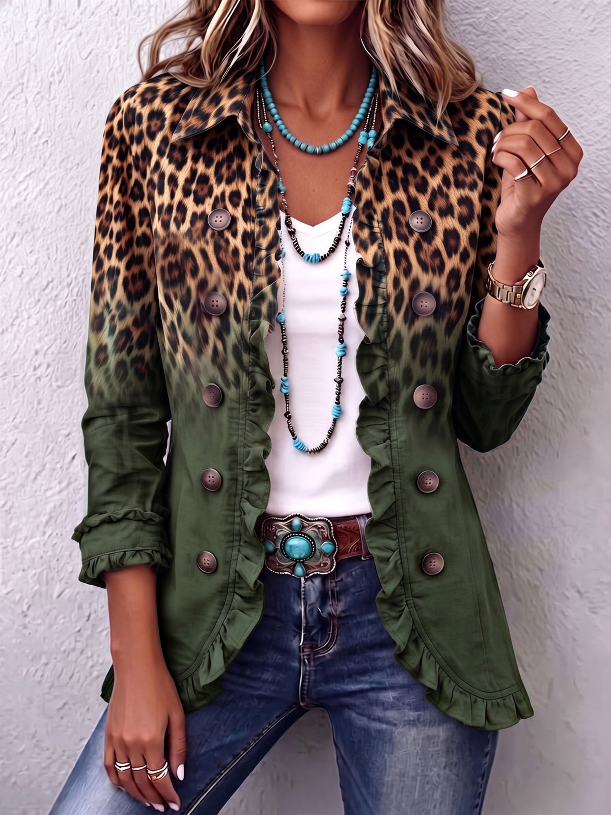 Margarita | Chaqueta Blazer Leopardo Verde con Volantes